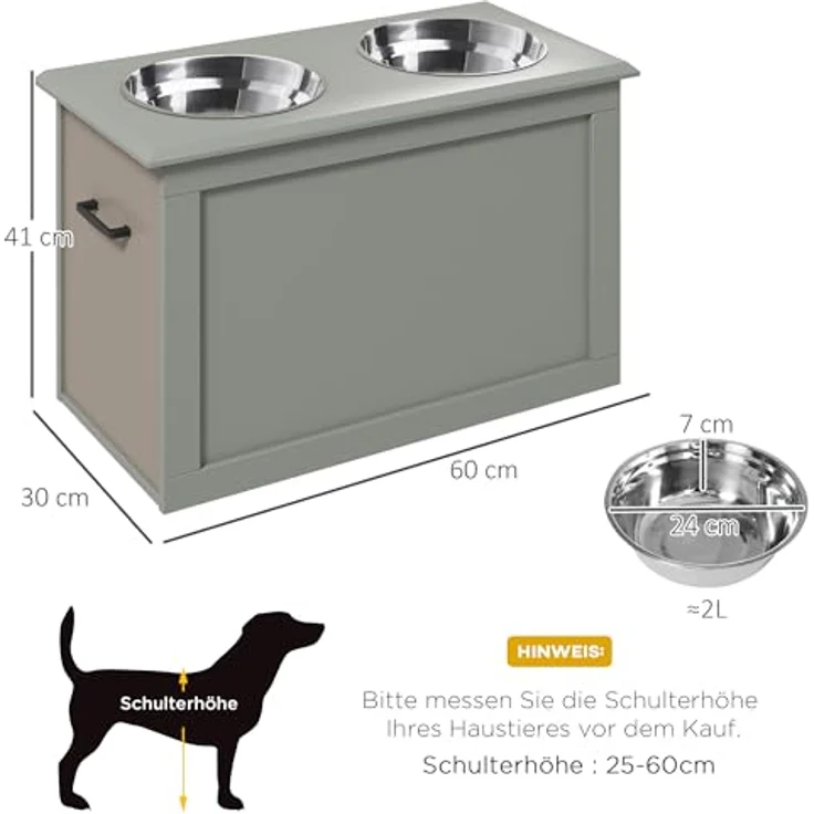 PawHut Hunde Fressnapf mit Staumraum 2 Näpfen Futterstation Edelstahlnapf Katzenapf Edelstahl Grau 60 x 30 x 41 cm, erhöhtes Design und versteckte Aufbewahrung – Bild 5