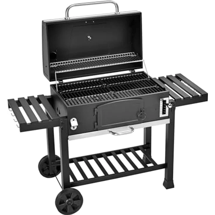 TAINO HERO XXL Smoker Holzkohlegrill Set, mit Abdeckhaube, Grillplatte und höhenverstellbarer Holzkohle-Wanne, 142 x 46 x 111 cm, inkl. Thermometer und klappbaren Seitentischen – Bild 2