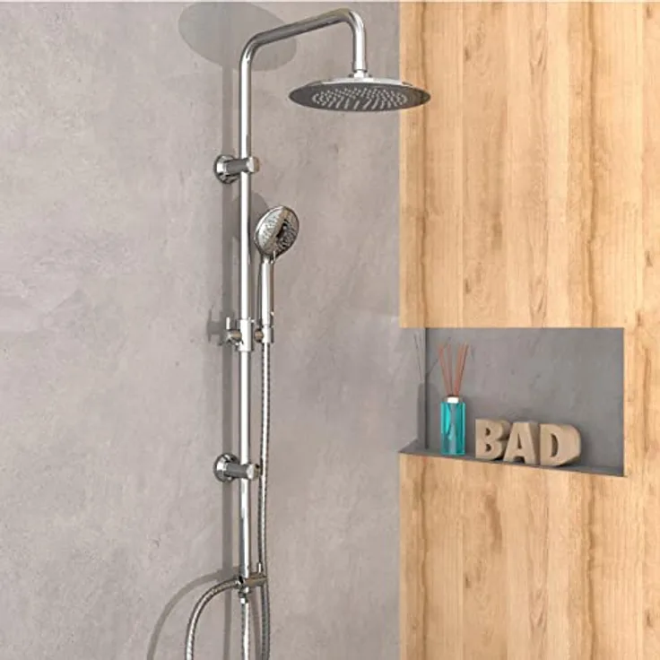 EISL DX12009 Duschset zum Kleben, Duschgarnitur mit Regendusche, Überkopfbrauseset ohne Bohren, Duschsystem ohne Armatur, Duscharmatur mit Regenwalddusche und Handbrause mit 3 Strahlarten, Chrom