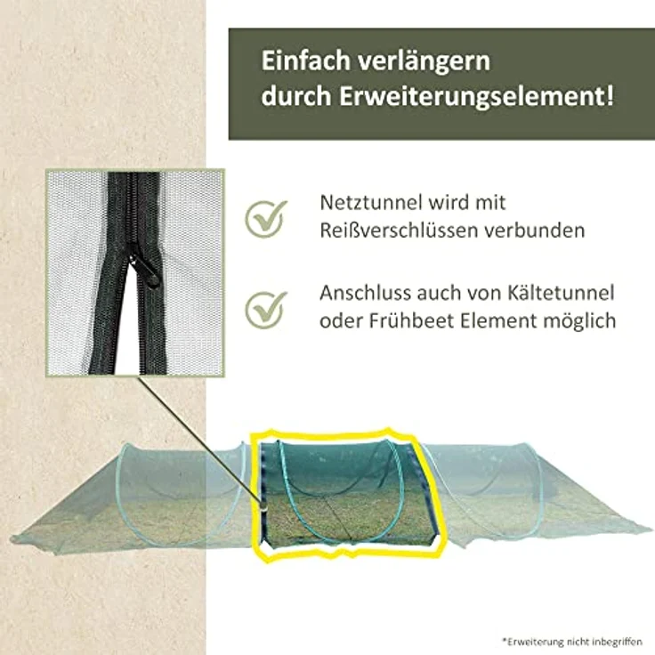 Nativ Erweiterung für Pflanztunnel, modularer Gartentunnel aus dunkelgrünem Netzmaterial, individuell einstellbare Breite und Höhe, Länge 110 cm – Bild 2