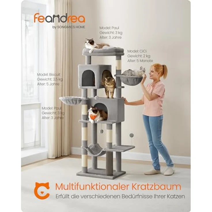 Feandrea Kratzbaum, 175 cm hoch, XL, mehrstöckiger Katzenbaum mit 2 Höhlen, 2 Liegemulden, 5 Kratzsäulen, Katzenbürste, große Plattform, Taubengrau PCT182G01 – Bild 3