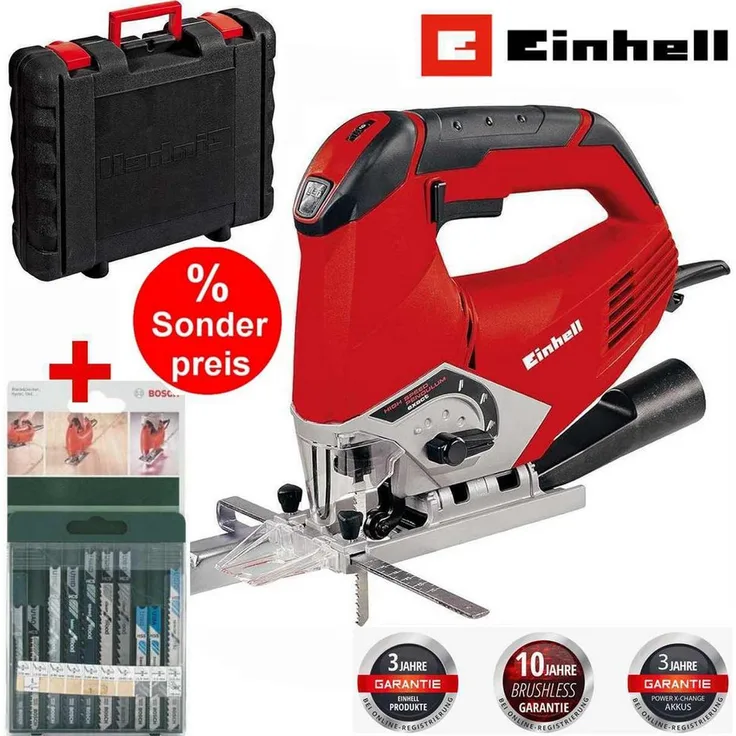 Einhell Pendelhubstichsäge TE-JS 100 750W 4-Stufen Pendelhub Koffer 10x Bosch Stichägeblätter, leistungsstarke Stichsäge mit LED-Licht und 45° Schrägschnitt
