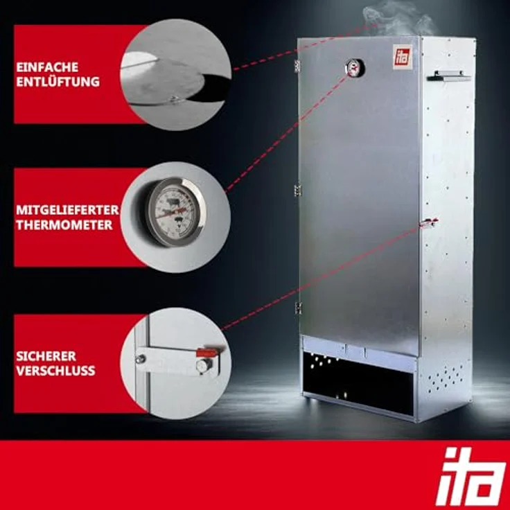 ITA Elektrischer Räucherofen 7003, Premium XL Räucherschrank 111 cm aus legiertem Stahl mit Elektroheizung, Smoker für Kalträuchern & Heißräuchern, Made in EU mit Zubehör – Bild 5