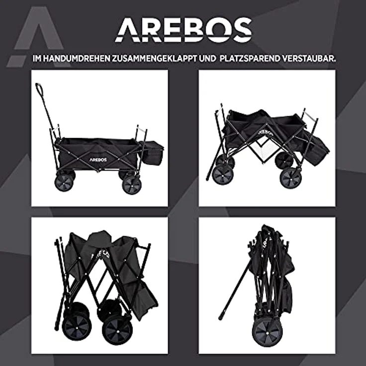 Arebos Bollerwagen faltbar mit Dach | Transportwagen bis 70 kg Tragkraft | 360° Vollgummireifen | inkl. 2 Netztaschen und Außentasche | Schwarz – Bild 5