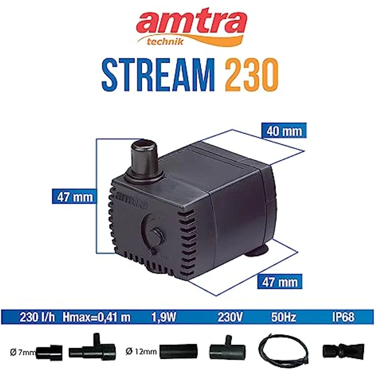 Amtra Stream 230 – Tauchpumpe für Aquarien, leise, einstellbarer Wasserdurchfluss, 230 l/h – 3,0 W – 220 V, kleine Wasserpumpe für Springbrunnen für Katzen, Teiche und Springbrunnen – Bild 2