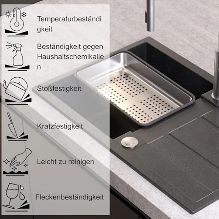 Quadron MORGAN 111 Granitspüle, 78 x 50 x 22 cm, grau, Einzelbecken mit Abtropffläche und Hahnloch – Bild 3