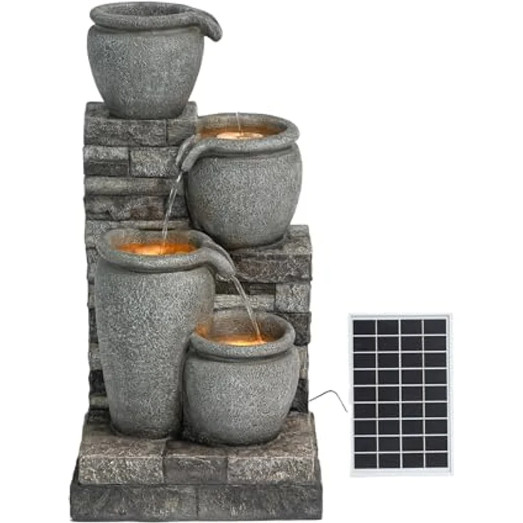 Teamson Home Solar Kaskadenbrunnen 4 Stufen Grau freistehend mit LED-Beleuchtung – Bild 3