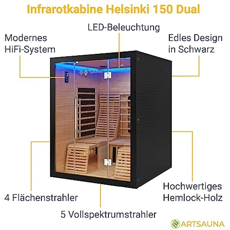 Artsauna Infrarotkabine Helsinki 150 Dual Technologie, LED - Infrarotsauna 150x150 cm - 1 Bank, 2 Liegen für 3 Personen - Wärmekabine Schwarz Black - Preisvergleich – Bild 3