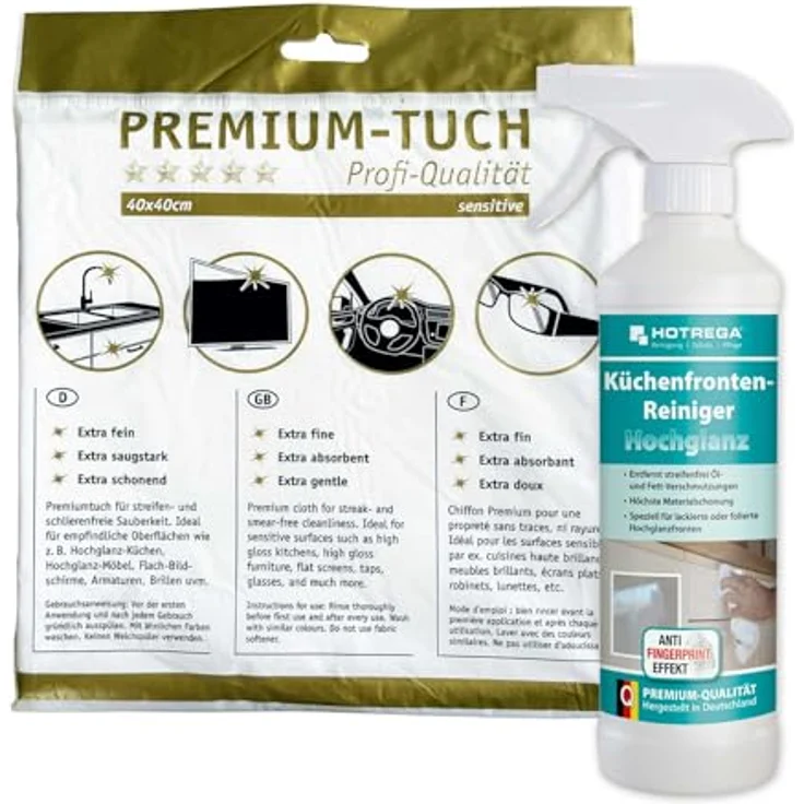 HOTREGA® Küchenfronten Reiniger, Hochglanz-Oberflächen 500ml mit Anti-Fingerprint Effekt inkl. Microfasertuch – Bild 1