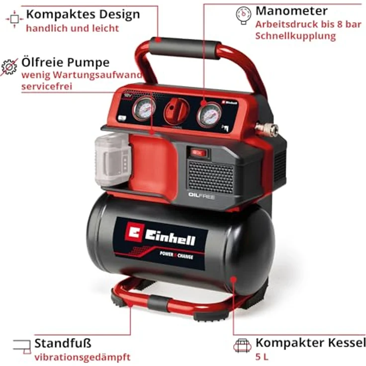 Einhell Akku-Kompressor TE-AC 18/75 Li OF-Solo 8 bar Ohne Akku 5L Tank 18V Power X-Change (4020410) – Bild 4