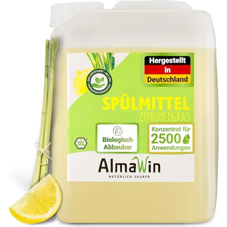 Almawin Spülmittel Zitronengras Kanister 5L, hochkonzentriertes Geschirrspülmittel mit frischem Zitrusduft, vegane Formel, klimaneutral, dermatologisch getestet