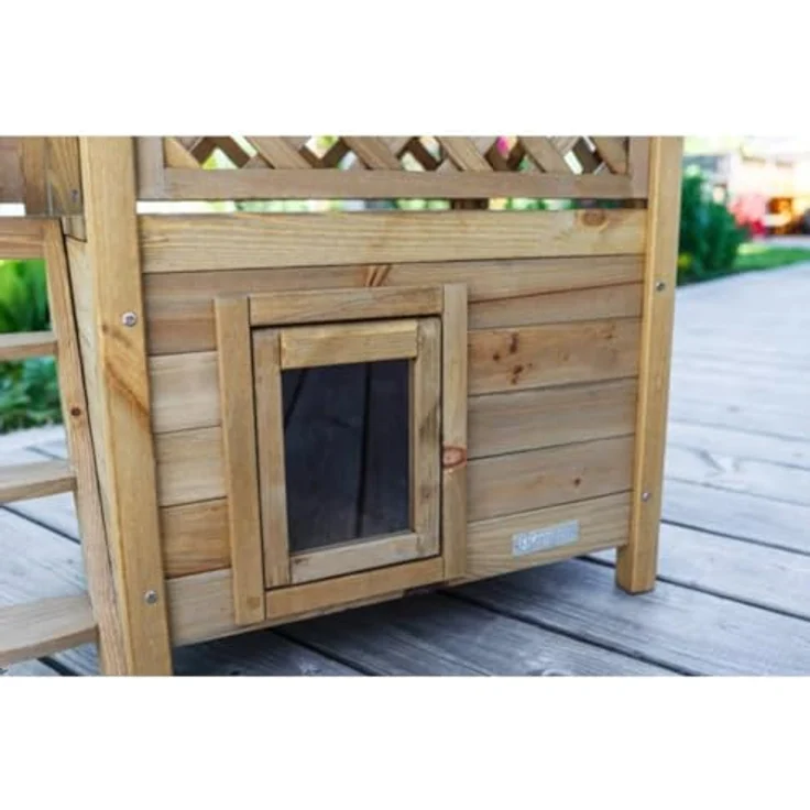 Kerbl Katzenhaus Lodge, 2-stöckig mit wetterfestem Bitumendach und Schwingtüre, 77 cm x 50 cm x 73 cm, lasierte Spießtanne – Bild 9