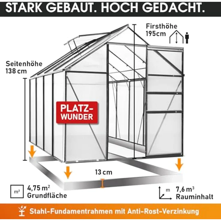 BRAST Gewächshaus Aluminium mit Fundament, 250x190x195cm, grau, TÜV geprüft, 6mm Hohlkammerplatten, rostfrei, wetterfest, temperaturbeständig – Bild 5