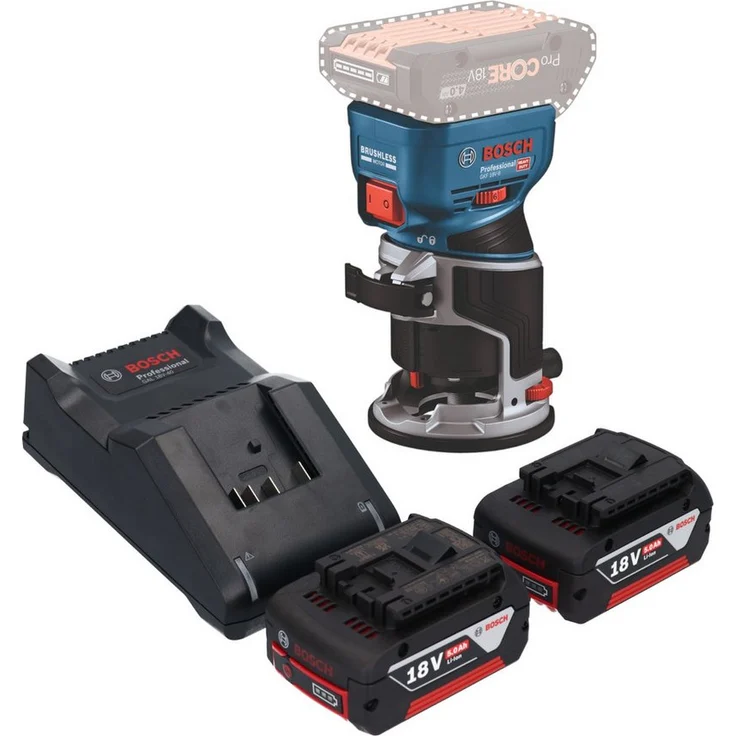 Bosch Professional GKF 18V-8 Oberfräse, 18 V, 8,0 mm, mit 2x 5,0 Ah Akku und Ladegerät, bürstenloser Motor, kompakte Bauweise, hocheffiziente Staubabsaugung