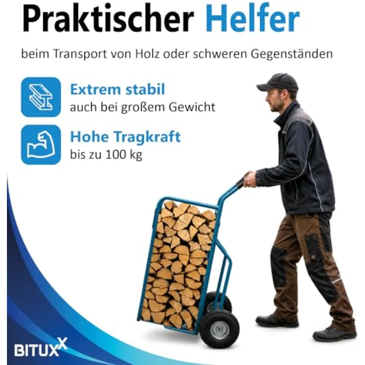 Bituxx Sackkarre Brennholzkarre (MS-15908) mit Transportkäfig, Stahlrahmen, blau, Tragkraft 100 kg, Luftbereifung – Bild 3