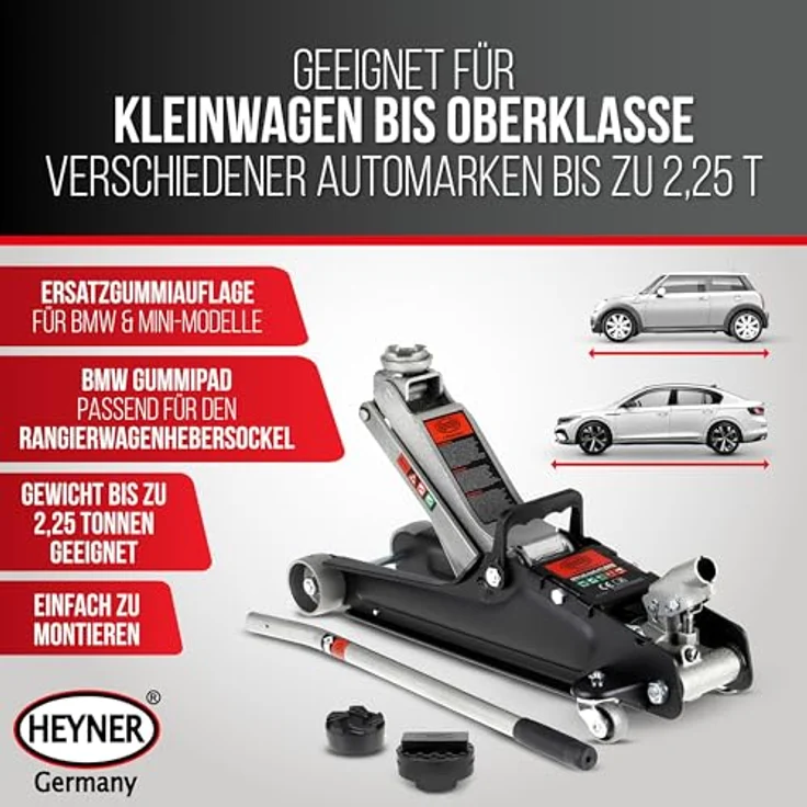 HEYNER® Hydraulik‑Rangierwagenheber Set 2,25 t, für BMW/Mini, 85 mm Einstiegshöhe, Gummiteller Ø 45 mm, pulverbeschichteter Stahl, leicht rangierbar – Bild 2