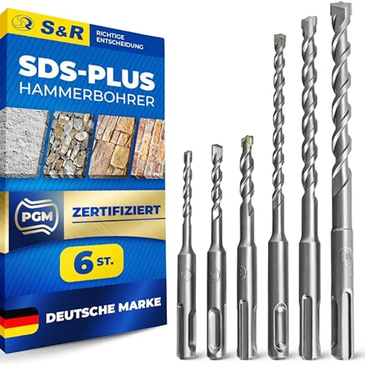S&R Hammerbohrer, 6-teiliges SDS PLUS-Bohrer-Set für Bohrhammer, Schlag-Bohrer für Beton, Granit und Stein, PGM kontrolliert – Bild 1