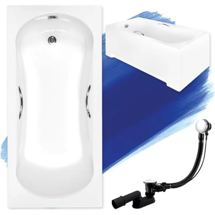 Besco BADLAND ARIA PLUS Badewanne, 170x70 cm, Weiß, Acryl mit Automatik Ablaufgarnitur, Komplettset mit Acrylschürze und Füßen, Made in EU