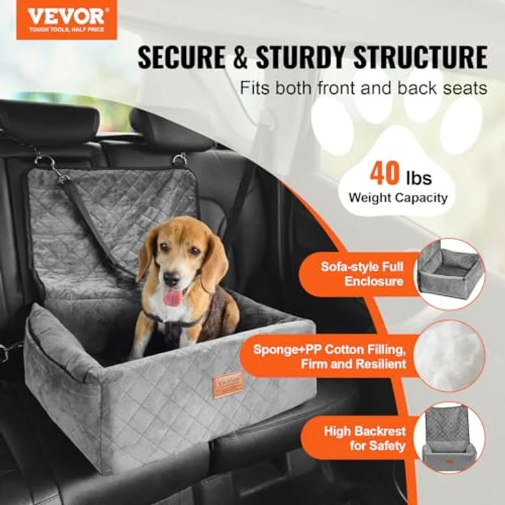 VEVOR Hundeautositz, Hundesitzerhöhung fürs Auto mit Aufbewahrungstasche, Sicherheitsleine, Füllung aus Schwamm und PP-Baumwolle, für kleine und mittelgroße Hunde bis 18 kg – Bild 2