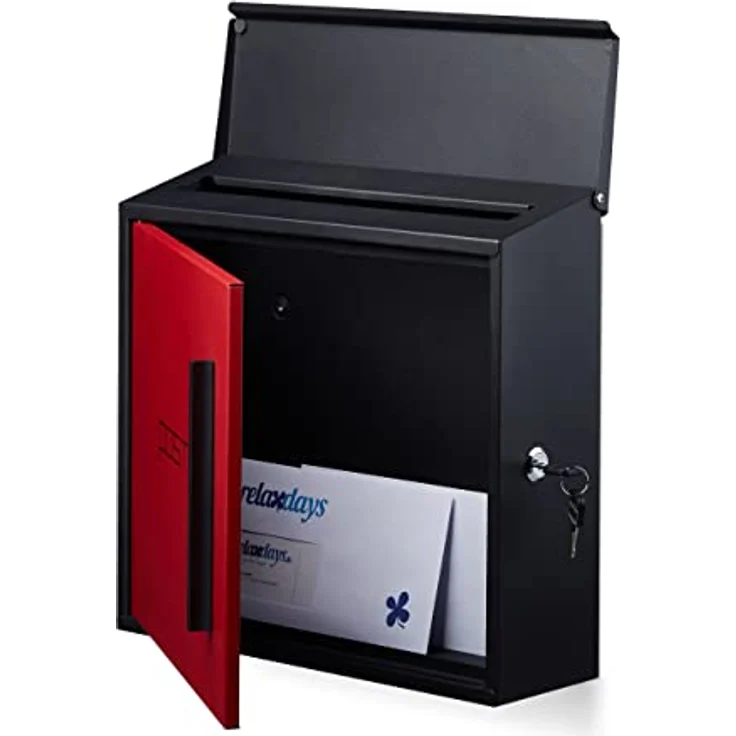 Relaxdays Briefkasten rot modern Zweifarben Design, DIN-A4 Einwurf, Stahl, groß, HxBxT: 33 x 35 x 12,5 cm, schwarz-rot – Bild 3