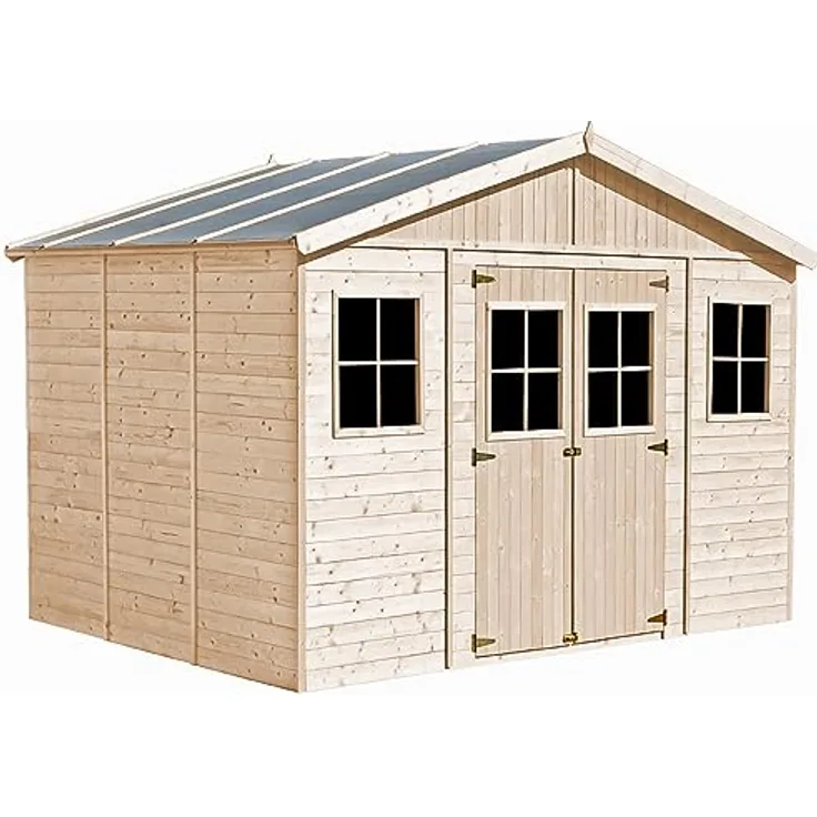 TIMBELA Holz Gartenschuppen - Abstellkammer mit Fenstern - H246 x 418 x 320 cm/ 12 m² Naturholz-Shiplap-Schuppen - Gartenwerkstatt - Fahrrad- Geräteschuppen M331