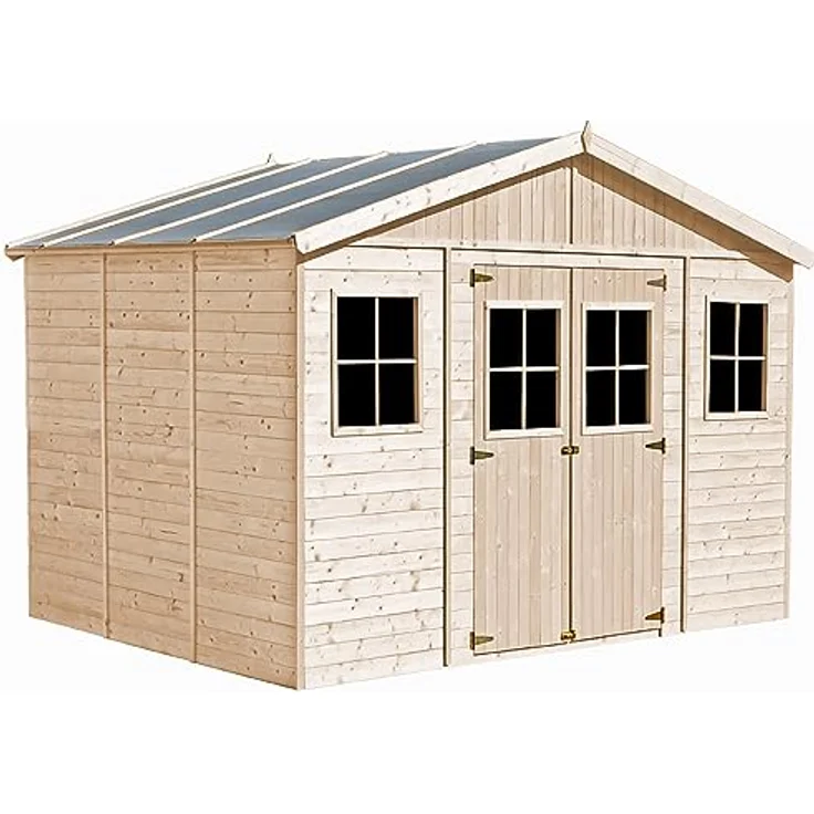 TIMBELA Holz Gartenschuppen - Abstellkammer mit Fenstern - H246 x 418 x 320 cm/ 12 m² Naturholz-Shiplap-Schuppen - Gartenwerkstatt - Fahrrad- Geräteschuppen M331 – Bild 1