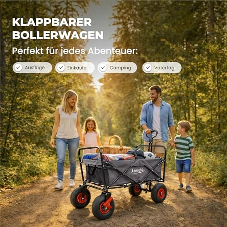 Lemodo Bollerwagen Faltbar mit Luftreifen, 120 kg Tragkraft, klappbarer Handwagen in grau für Strand, Camping & Garten – Bild 4