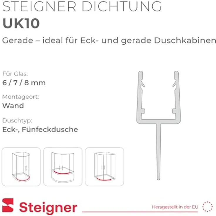 STEIGNER Duschtürdichtung UK10, 90 cm gerade Dichtung für Eckeinstieg und Fünfeckdusche, 6-8 mm Glasdicke, transparent, 100% wasserdicht, langlebig, schimmelbeständig – Bild 2