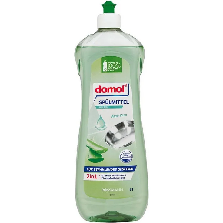 Domol Balsam Aloe Vera Geschirrspülmittel, 1 Liter, starke Fettlösekraft, pH-neutral, grün