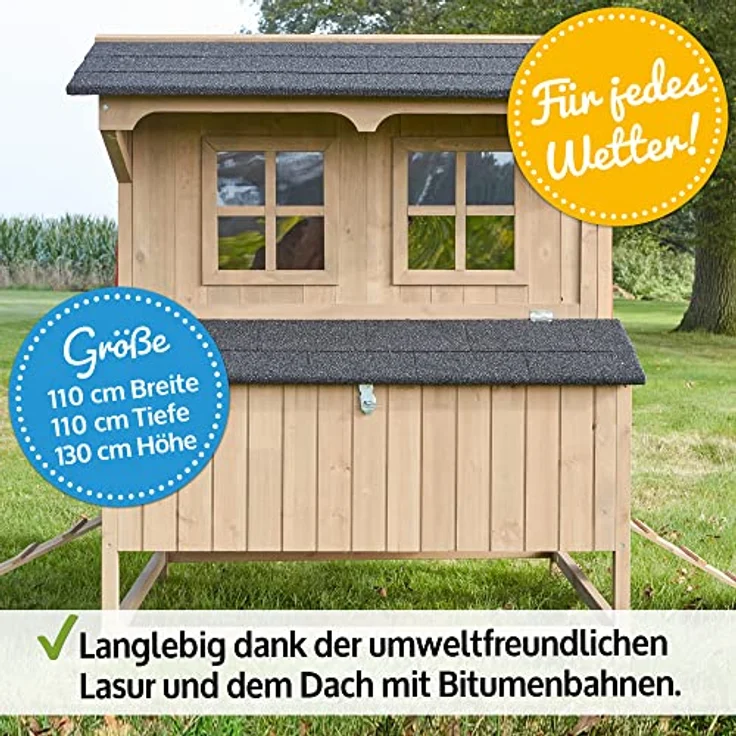 Zooprinz Hühnerstall Berghof, geräumig mit breitem Nistkasten und Klappdach, 110x130x110 cm, Massivholz, mit Falltür und herausziehbarer Kotschublade – Bild 5