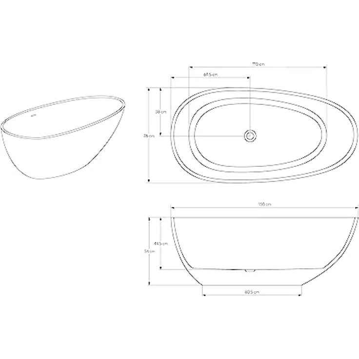 Bernstein Badewanne VELA, freistehende Mineralguss-Badewanne in Weiß matt, 150x76x54 cm mit Pop-up-Verschluss und Überlauf – Bild 7