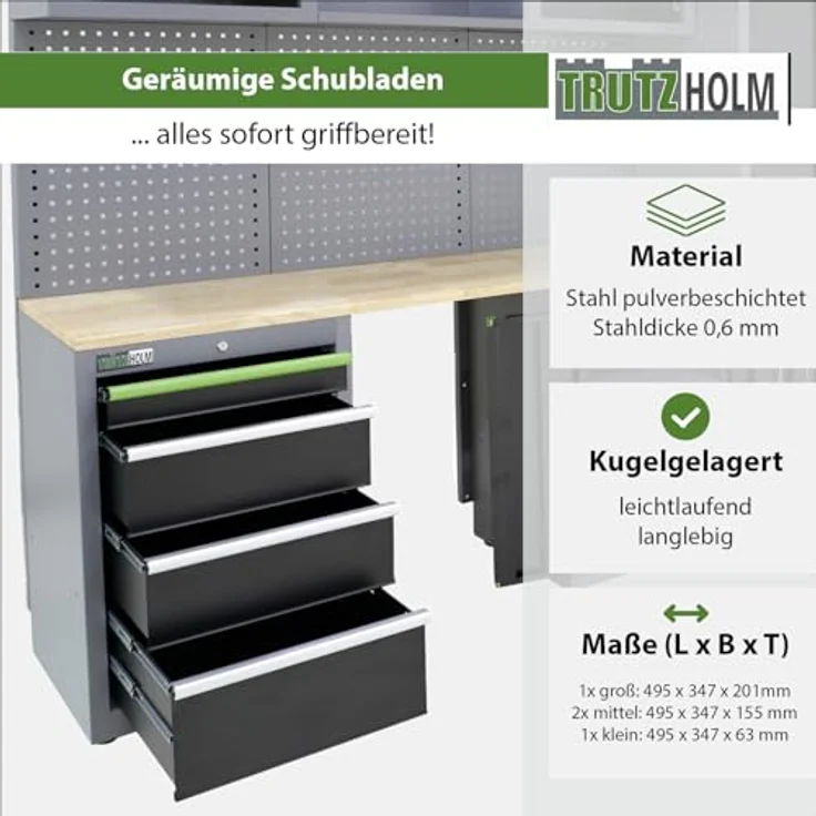 TRUTZHOLM Werkstattwand Werkstattschranksystem Werkstatteinrichtung 13-TLG. | flexibel zusammenstellbar, abschließbar, Hochschrank, Hängeschränke, Unterschränke mit Gasdruckfedern (Schwarz/Grau/Grün) – Bild 5