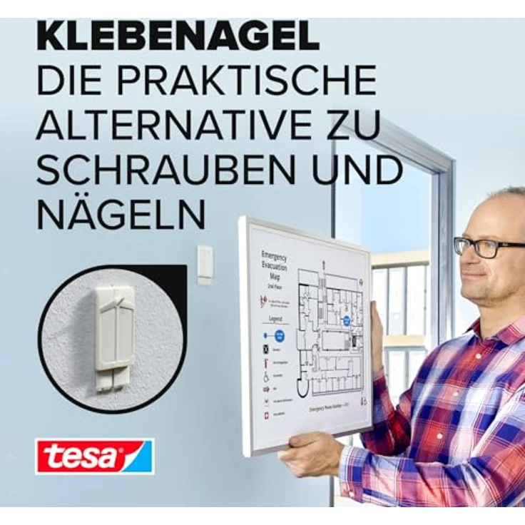 tesa Klebenagel für Tapeten und Putz - Selbstklebende Nägel für empfindliche Oberflächen - Leicht anzubringen und zu entfernen - rückstandslos - 2 x 2kg Halteleistung – Bild 2