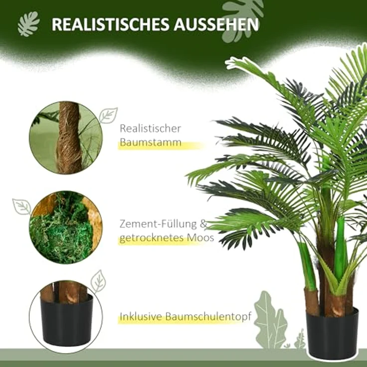 HOMCOM Kunstpflanze Kunst Palme, 100 cm mit 27 Zweige, Zimmerpflanze Palme, Höhe 100 cm, für Indoor, Outdoor, Grün – Bild 4