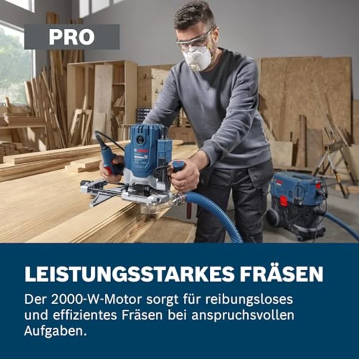 Bosch Professional GOF 20-12, kabelgebundene Oberfräse mit 2000W, Staubabsaugung, Rollenführung, Parallelanschlag und Spannzangen-Set – Bild 3