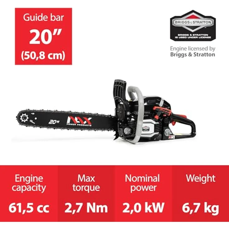 NAX POWER PRODUCTS 500C Motor 61,5 cm3 2kW Führungsschiene 20'' 50,8cm Anti-Rückschlag-System Low Kickback Briggs & Stratton Lizenzware Benzin-Säge Kettensäge, Schwarz – Bild 3