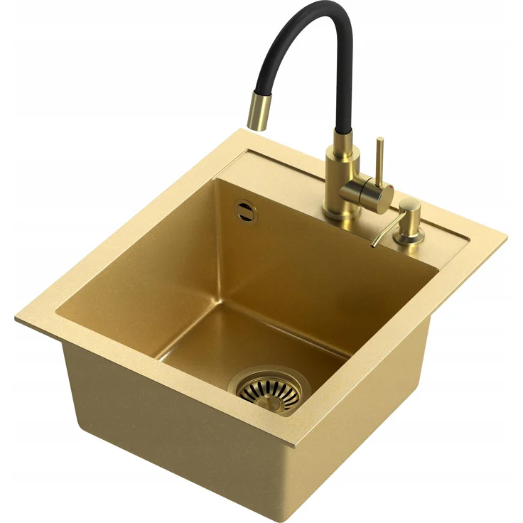 QUADRON ART JOHNNY 100, Spülbecken aus Granitquarz mit Gold-Effekt, 1 Becken, 43 x 50 x 20,3 cm, inkl. Maggie-Zapfhahn und Spender, Gold-PVD-Finish