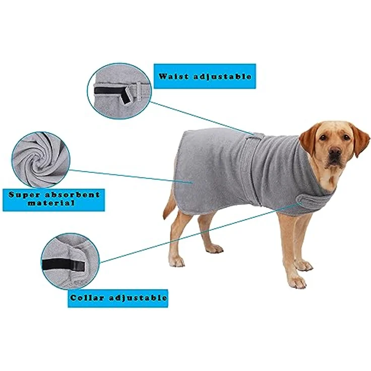 Betz Hundehandtuch extra saugfähig & schnelltrocknend Haustierhandtuch mit Klettverschluss 100% Baumwolle Hunde Bademantel Farbe Grau Größe XL – Bild 2