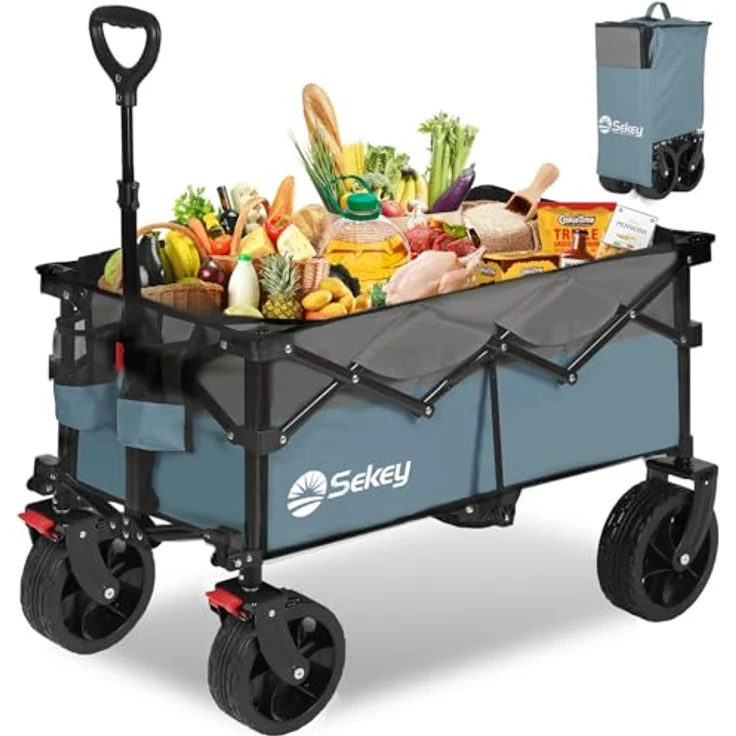 Sekey XXL Bollerwagen Faltbar mit Bremsen, 150L, 150KG Tragkraft, Breitreifen für jedes Gelände, patentiert zusammenfaltbar, blau mit grau – Bild 1