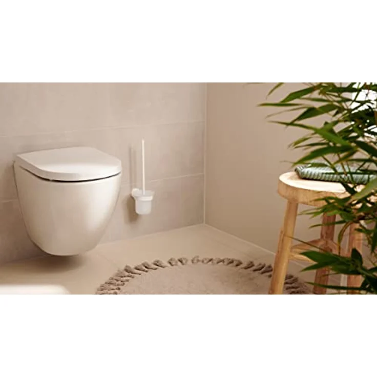 tesa MOON WHITE WC-Garnitur, Set mit Halter & WC-Bürste, matt weiß, satiniertes Glas - für Bäder im Industrial Style und moderne Badezimmer - bohrfrei, inkl. Klebelösung - 379 mm x 112 mm x 145 mm – Bild 5