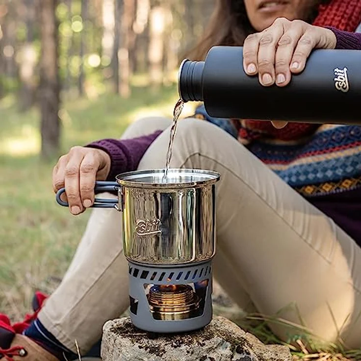 Esbit Campingkocher, kompakter Spiritus-Gaskocher mit 2 Edelstahltöpfen (985 ml und 470 ml), praktischem Netzbeutel und klappbarem Flammenregulierer, Aluminium Stand mit Brenner – Bild 6