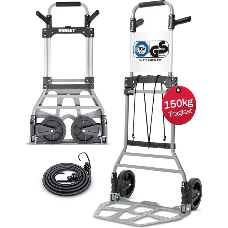 Onbest Sackkarre PREMIUM HT150, klappbar und faltbar, 150 kg Tragkraft, mit Gepäckgurt und Vollgummi Rädern