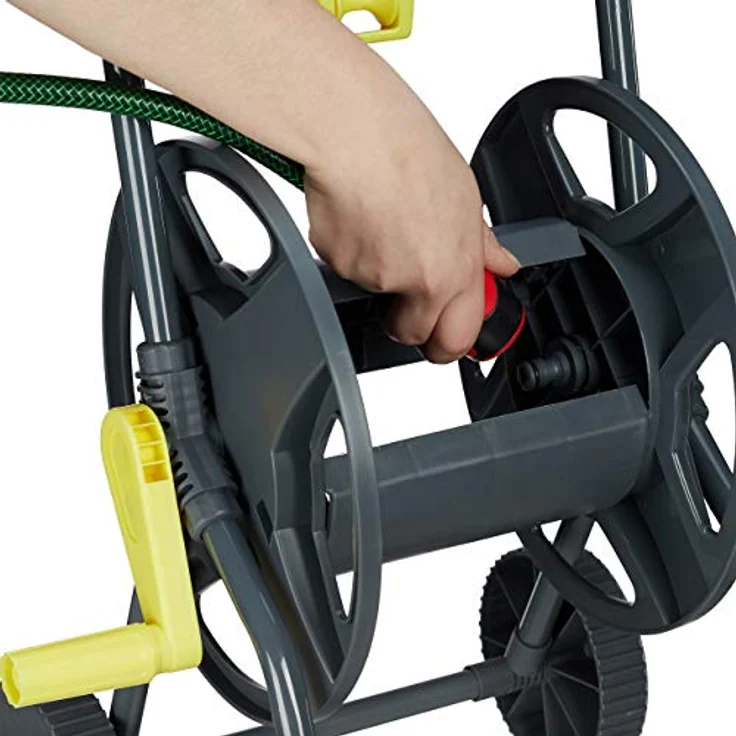 Relaxdays Schlauchwagen 45m, fahrbare Schlauchtrommel für Garten & Balkon, mit Schlauchführung, 76,5x44x41 cm, grau-gelb – Bild 7