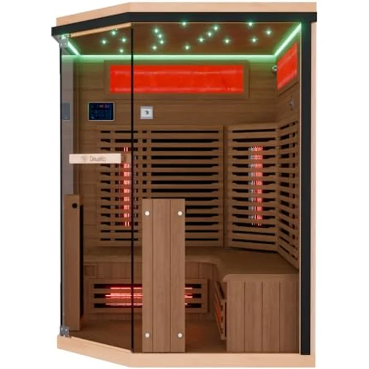 Dewello Sauna KENORA 140 Wärmekabine, 2-3 Personen, 7 Vollspektrumstrahler, (LED-Farblichttherapie inkl. Ionisator mit Ozondesinfektion und Aromatherapie, inkl. Ionisator mit Ozondesinfektion und Aromatherapie, Bluetooth & FM) klappbare Frontstrahler – Bild 3