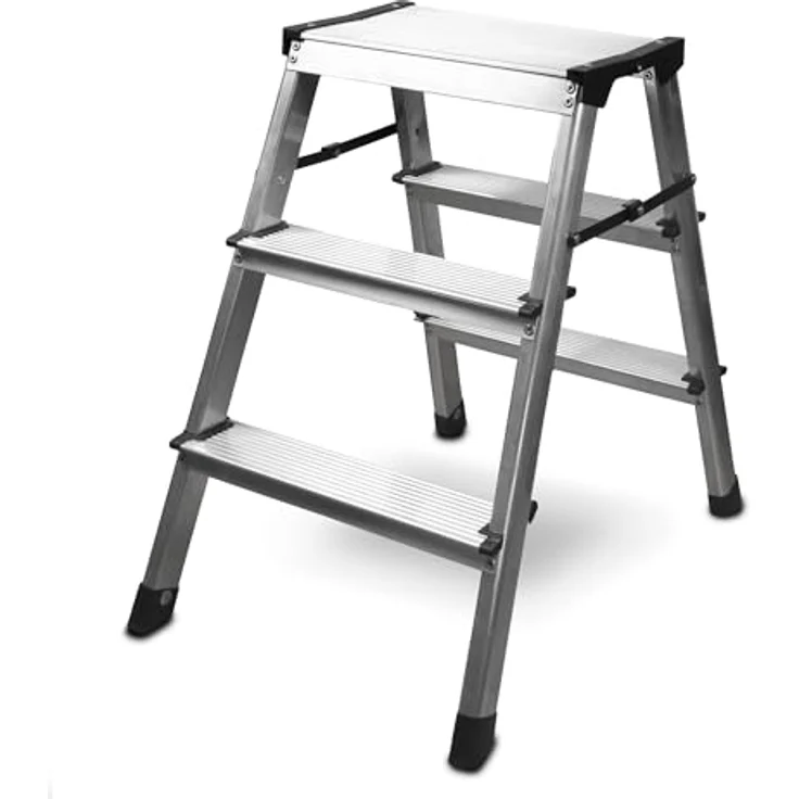 siwitec Alumium-Klapptritt 3 Stufen | Kleine Trittleiter | rutschfeste Standfüße | 150 kg Traglast | Geriffelte Stufen | Platzsparend | Klappleiter – Bild 1