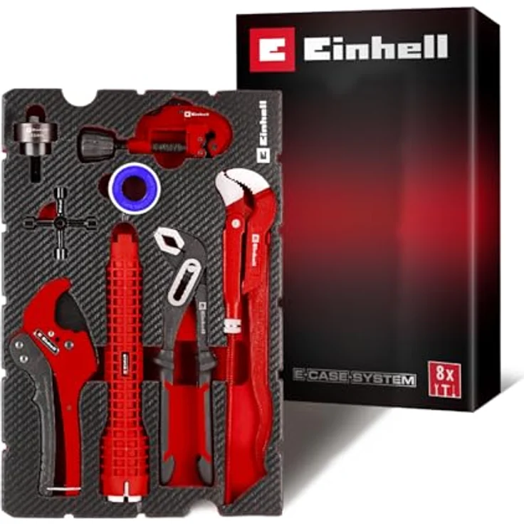 Einhell Pad Sanitärinstallation 8-tlg. Klempner-Set mit Rohrschneider, Beckenschlüssel, Zangen, Blechstanze, Schaltschrankschlüssel und Isolierband im E-Case-System – Bild 1