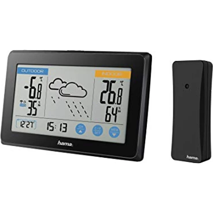 Hama Wetterstation Funk mit Außensensor „Touch“ (mit Wettervorhersage, misst Luftfeuchtigkeit, Innen- und Außentemperatur, Thermometer, Hygrometer, DCF Funkuhr, Datum) schwarz – Bild 1