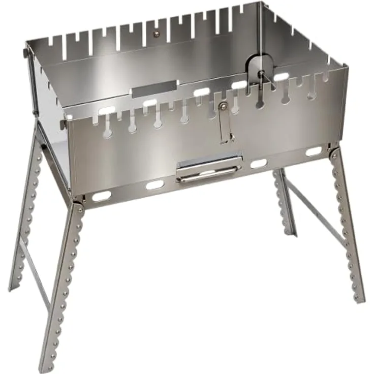 GOROCH Mangal Grill für 10 Spieße, klappbarer Schaschlikgrill aus 2 mm Edelstahl mit Faltbeinen, für Camping & Outdoor, kompakt 50 × 30 × 6 cm