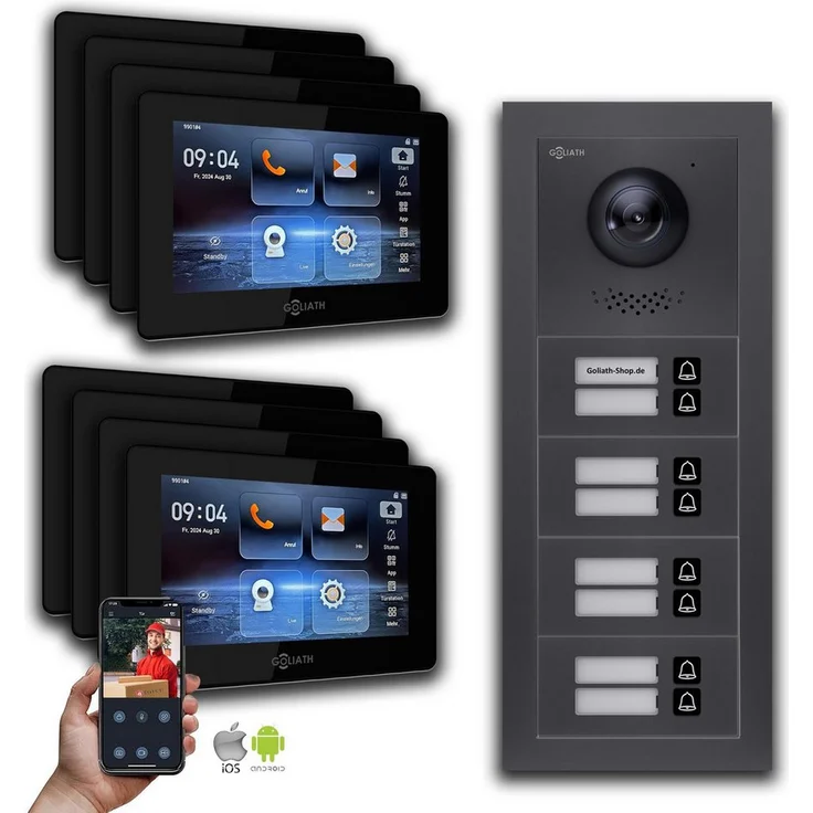 Goliath Intercom GL-HB800A 2-Draht BUS Video-Türsprechanlage, HD-Kamera mit 180° Weitwinkel, Anthrazit, 8 Monitore, Smartphone-App