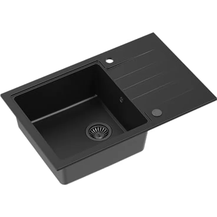 QUADRON Einzelbeckenspüle Einbeckenspüle | Größe 78 x 50 x 20, Pure Carbon | Granit Spülbecken mit manuellem Siphon und Abtropffläche